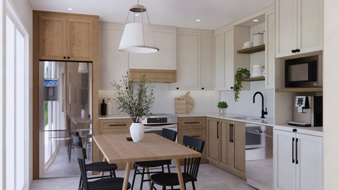 Cuisine sur mesure farmhouse moderne tons terre