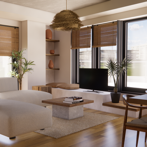 Studio Angel & Co-Magnifique Condo Style Wabi-sabi, japandi , canapé modulaire, murs en béton, luminaires en rotin.