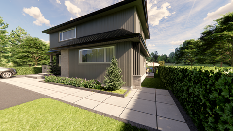 Design extérieur de chalet. choix de matériaux , pierre à visser Permacom et composite Newtechwood