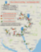 Map of environmental monitoring results for E.coli along the River Deben. Results are represented by dots - around half are green with the rest a fairly equal mix of orange and red