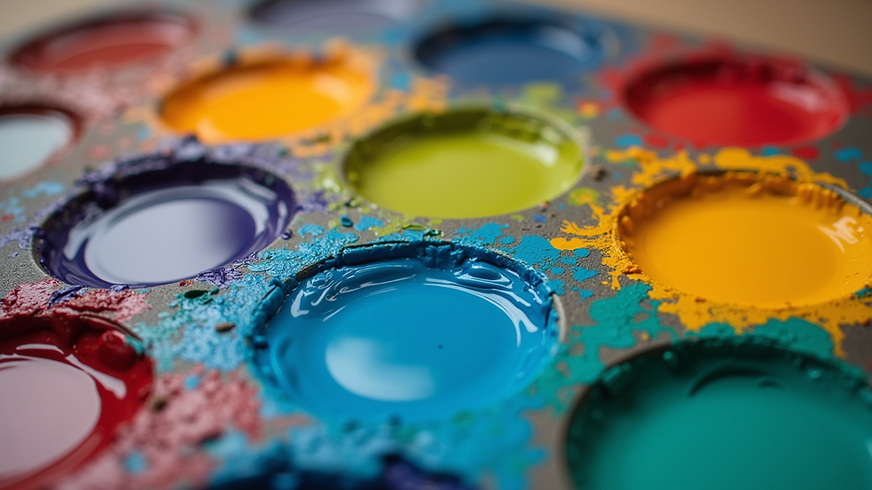 Eye-level view of a vibrant paint palette with various colors