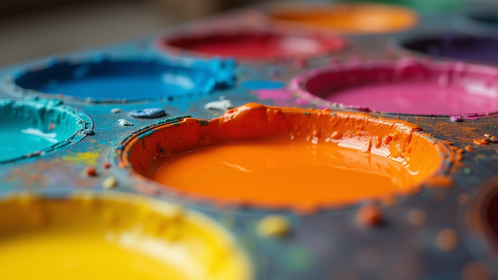 Eye-level view of a vibrant paint palette with various colors