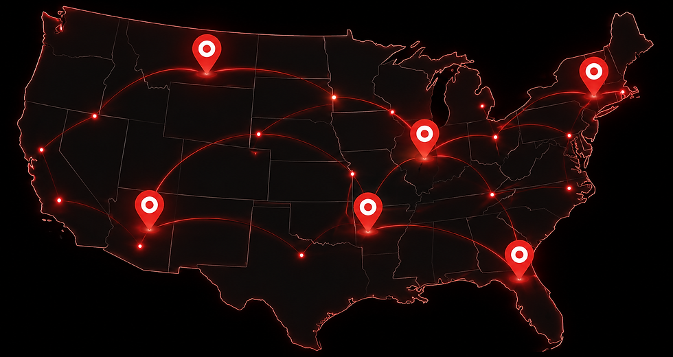 Red and black US map with glowing connection arcs and location pins, representing Pulse Axis Marketing's nationwide service coverage for HVAC, plumbing, and electrical businesses.