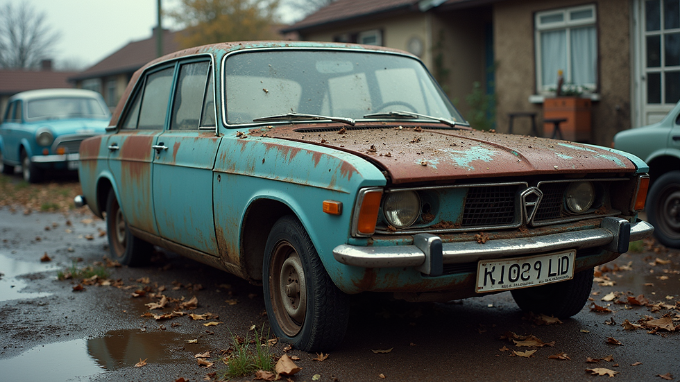 Close-up view of a junk car being recycled