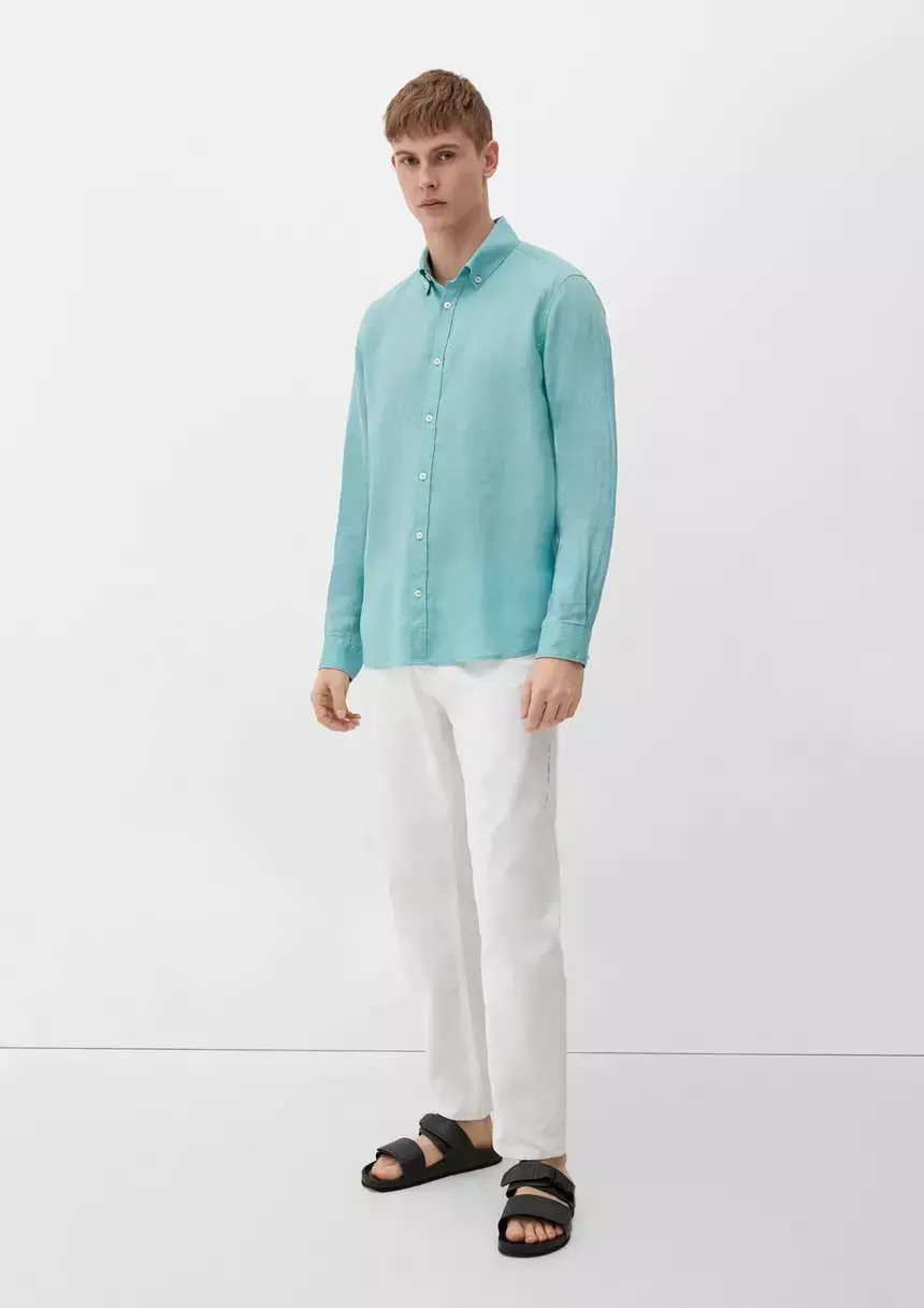 Μικρογραφία: Linen shirt with a button-down collar TURQUOISE