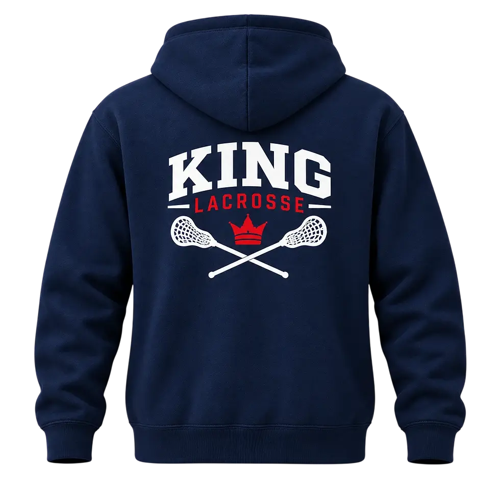 Digital mockup of a navy blue hoodie back. The design prominently displays 'KING LACROSSE' text along with crossed lacrosse sticks and a crown graphic.