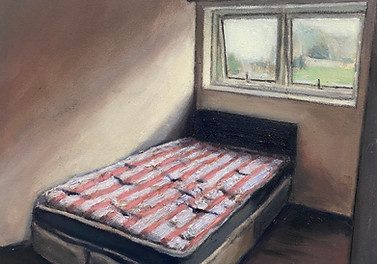 Pink Striped Mattress (small), 2022, oil, oil pastel & pencil on canvas, 26.4 x 36.4 cm.jp
