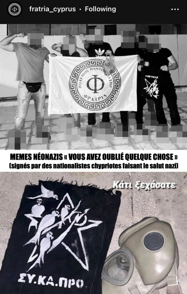 Two photos: the top shows five people with their faces blurred holding a flag with Greek writing and the Greek letter phi in the middle. One of them holds a black cloth with a star, some birds, and Greek writing on it. The bottom photo shows the same black cloth and a gas mask lying on the ground.