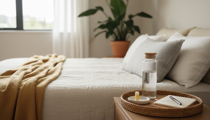 Eye-level view of a calm recovery space with pillows and water beside a bed.