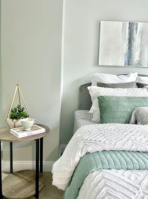 Staged bedroom green room details