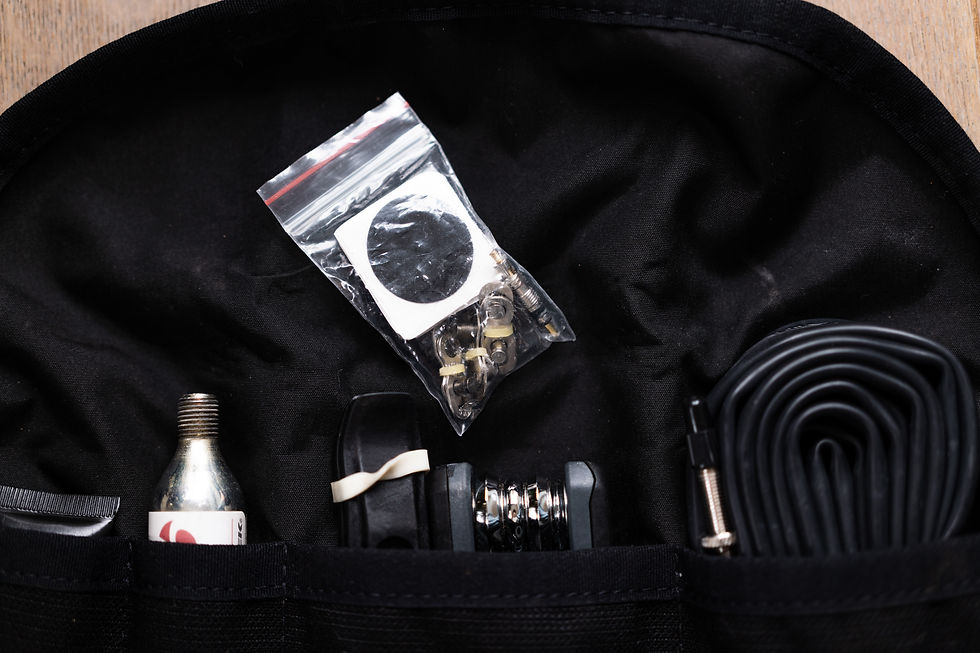 A fully equipped saddle bag with puncture kit