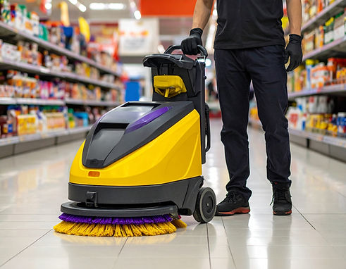 Firefly_grocery store has the back ground, with a cleaner walking in the alise with an mde