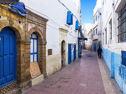 the coastal town of Essaouira in Morocco with its blue doors