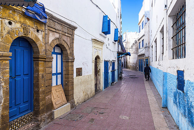 the coastal town of Essaouira in Morocco with its blue doors