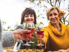 women in sweaters toast with glasses of wine as they sit outdoors at a table filled with food
