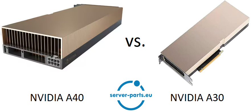 Detailed comparison of NVIDIA A40 and A30 GPUs for AI, deep learning, and visualization workloads – showcasing differences in CUDA cores, memory bandwidth, FP16 and FP32 performance, ideal use cases, and configurations. The NVIDIA A40 excels in graphics-heavy tasks and virtual workstations, while the A30 is optimized for AI training, inference, and HPC applications in data centers. Presented by server-parts.eu, your trusted source for high-performance GPUs and enterprise IT solutions from server-parts.eu.