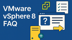 VMware vSphere 8 FAQ graphic showing upgrade path, end of support timeline, compatible servers, and key differences from vSphere 7. Server-parts.eu.Refurbished.