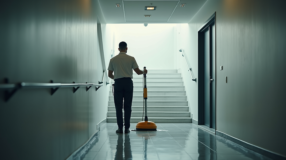 Vue en plongée d’un agent de nettoyage en train de laver un escalier d’immeuble
