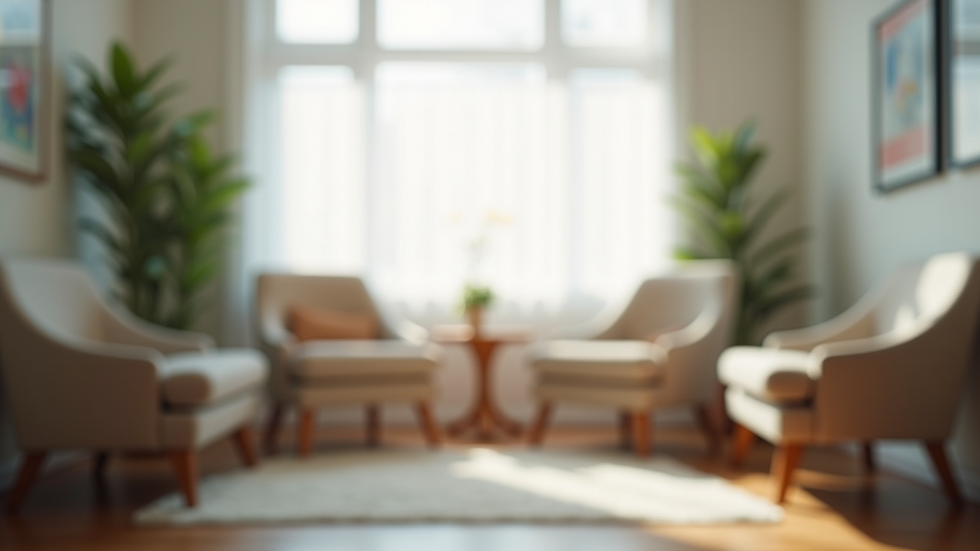 Eye-level view of a serene counseling room with comfortable seating