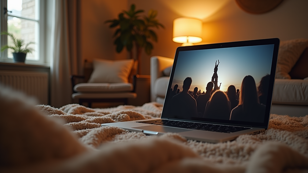 Eye-level view of a cozy living room with a laptop streaming a worship service