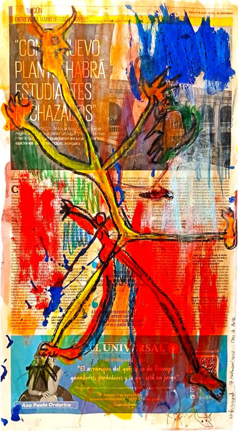 Mediante formas  colores frenéticos, transforma la figura fragmentada en una metáfora visual del caos cotidiano  la desesperación.
