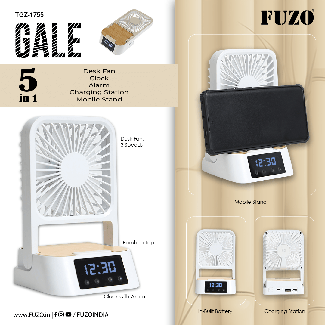 Fuzo 5 in 1 Desk Fan Clock Alarm Charging Station Mobile Stand