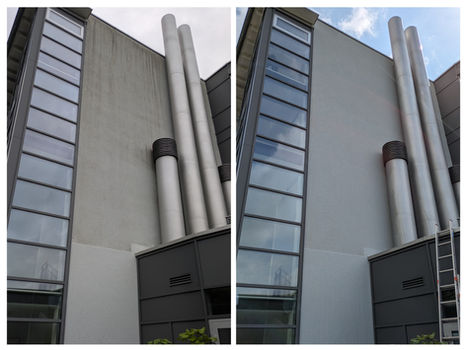 Einwandfrei – Vorher-Nachher-Aufnahme einer materialschonenden Fassadenreinigung.
