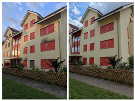 Einwandfrei – Vorher-Nachher-Aufnahme einer materialschonenden Fassadenreinigung.