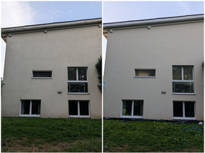 Einwandfrei – Vorher-Nachher-Aufnahme einer materialschonenden Fassadenreinigung.
