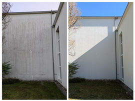 Einwandfrei – Vorher-Nachher-Aufnahme einer materialschonenden Fassadenreinigung.