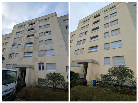 Einwandfrei – Vorher-Nachher-Aufnahme einer materialschonenden Fassadenreinigung.