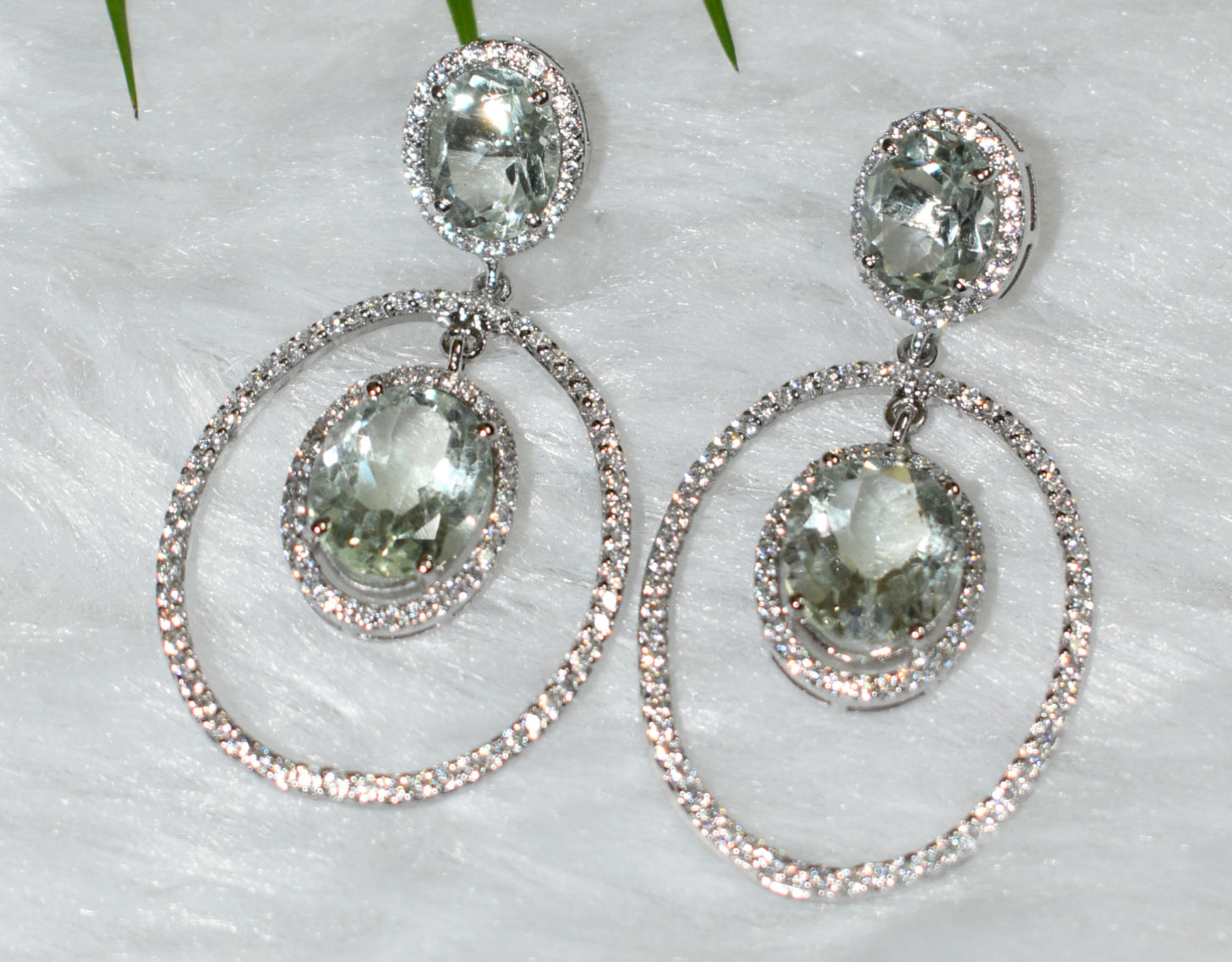.925 Sterling Silver Green Amethyst Oval Drop Earrings
