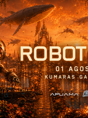 festa Robot Love com robô DJ em cenário surreal, cidade futurista, jardins luminosos e baleias flutuando ao entardecer.