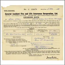 A Rolls Royce insurance certificate from 1965 belonging to Brian Epstein, manager of The Beatles