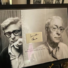 Two black and white images of Sir Michael Caine at different stages in life with his autograph
