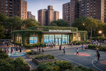 A mockup of a recreation center with a pool, splash pad and more.