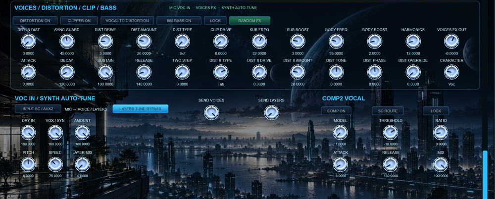 Voice Processing, Distortion, Clip und Synth Auto-Tune Bereiche