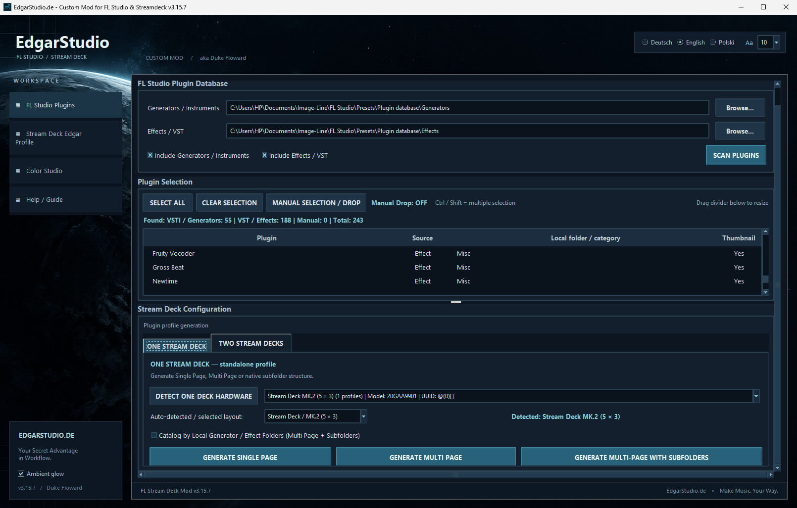 Edgar Studio Custom Mode mit FL-Studio-Plugin-Datenbank, Plugin-Auswahl und Stream-Deck-Konfiguration