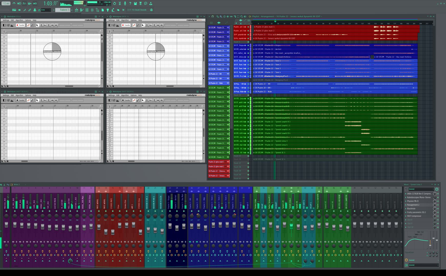 FL Studio Projekt mit mehrspuriger Session und farblich gruppierten Mixerkanälen