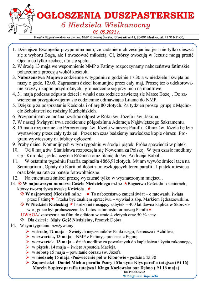 Ogłoszenia 6 Niedziela Wielkanocny 09.05