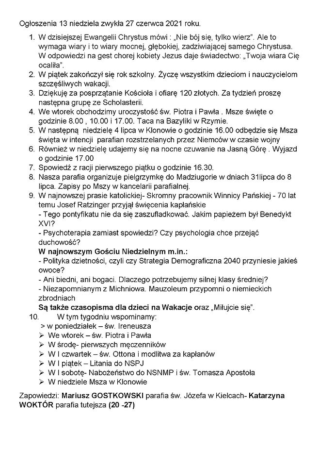 Ogłoszenia 13 niedziela zwykła 27 czerwc