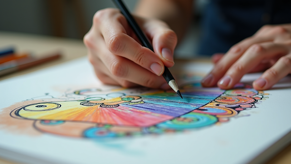 Eye-level view of an illustrator working on a colorful guide