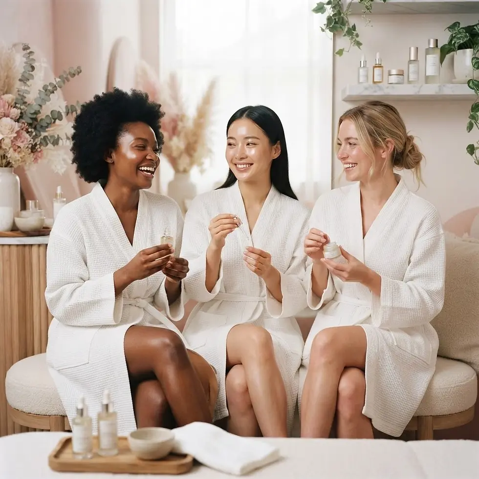 Studio photography of three diverse women in white robes, smiling and holding small jars of skincare products. They are in a bright, relaxing spa environment.