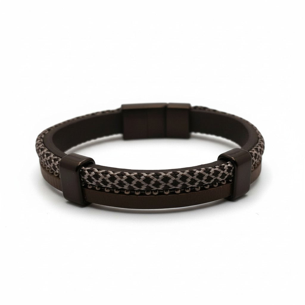 Kahve Örgü Detaylı Deri Erkek Bileklik