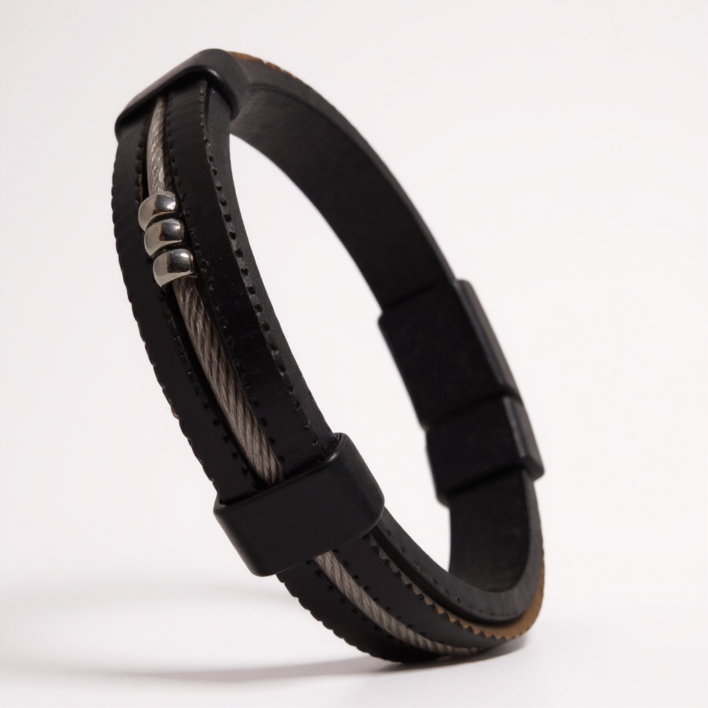 Erkek Siyah Deri & Metal Halat Detaylı Bileklik