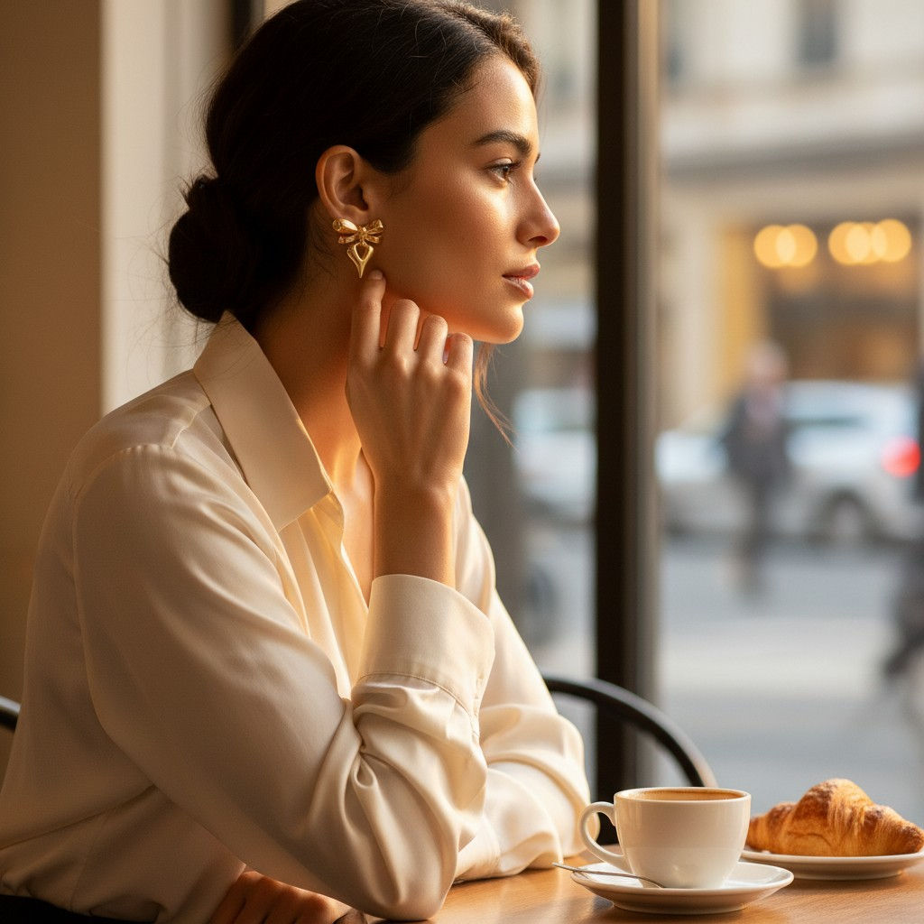 Golden Ribbon Heart Drop Küpe