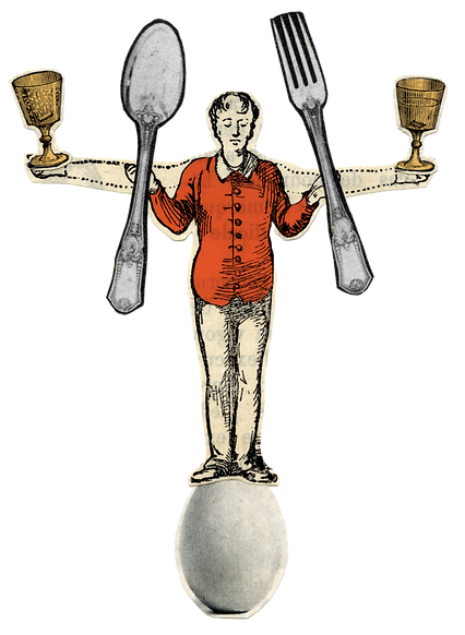 Collage d'un personnage en équilibre sur un œuf qui tient des couverts dans 4 mains
