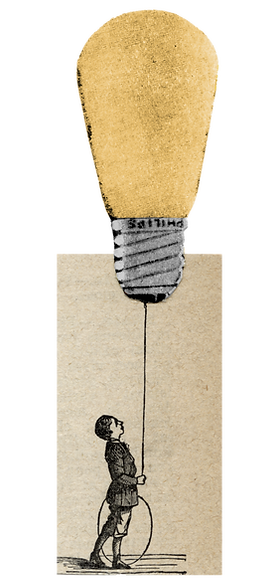 Collage d'un personnage qui tient un ballon en forme d'ampoule