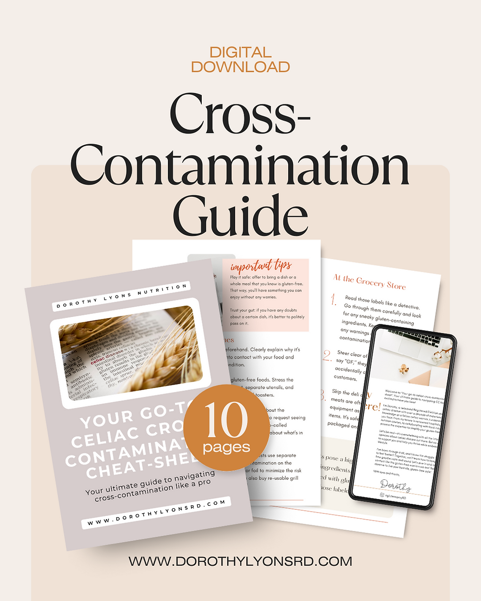 images of an e-book and cellphone with digital download PDF of Cross-contamination guide for celiac disease