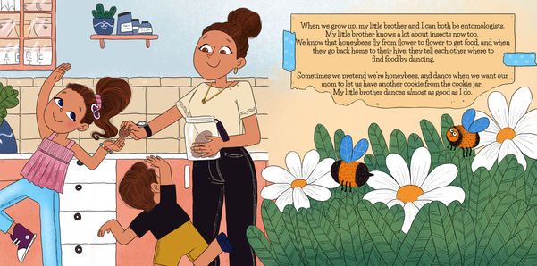 Mother, daughter, and son explore botanics with their dog in an illustration for a children's book.